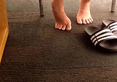 Candid College Library Asian Chick Adidas Slides Feet Airing