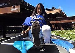 Showing feet in canoe