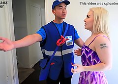 Unemployed Blonde Bimbo Gets Offers By Banging Asian Mailman - BananaFever